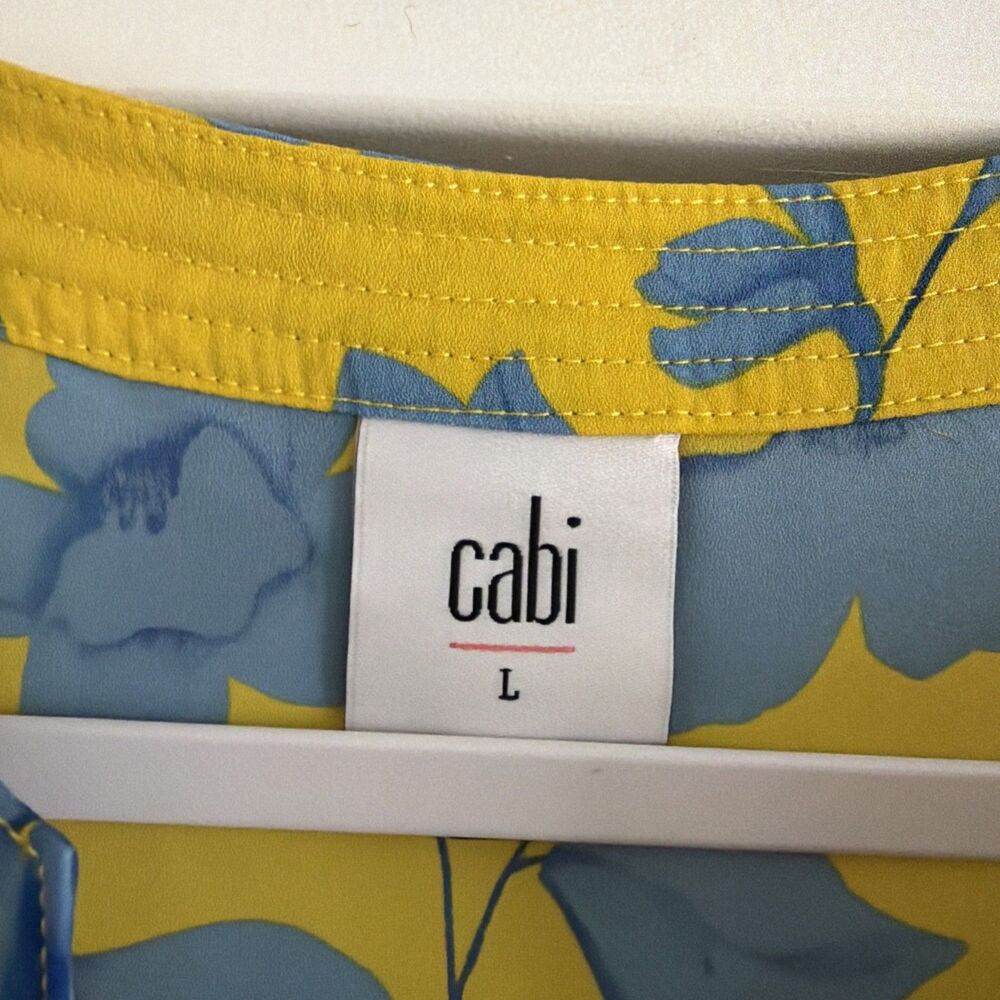 Cabi 5794 Lemon Drop Dress Size Large Yellow Blue Floral 3/4 Sleeves No Tie - Picture 2 of 7